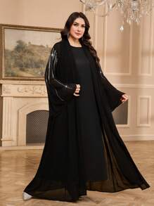 Al Najma Plus Size Women's Elegant Rhinestone Embellished Flare Sleeve Arabic Abaya Robe,Modest