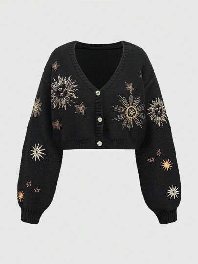 Fairycore Women's Mysterious Date Night Witch-Inspired Moon And Star Embroidered Cardigan Sweater,Long Sleeve Tops