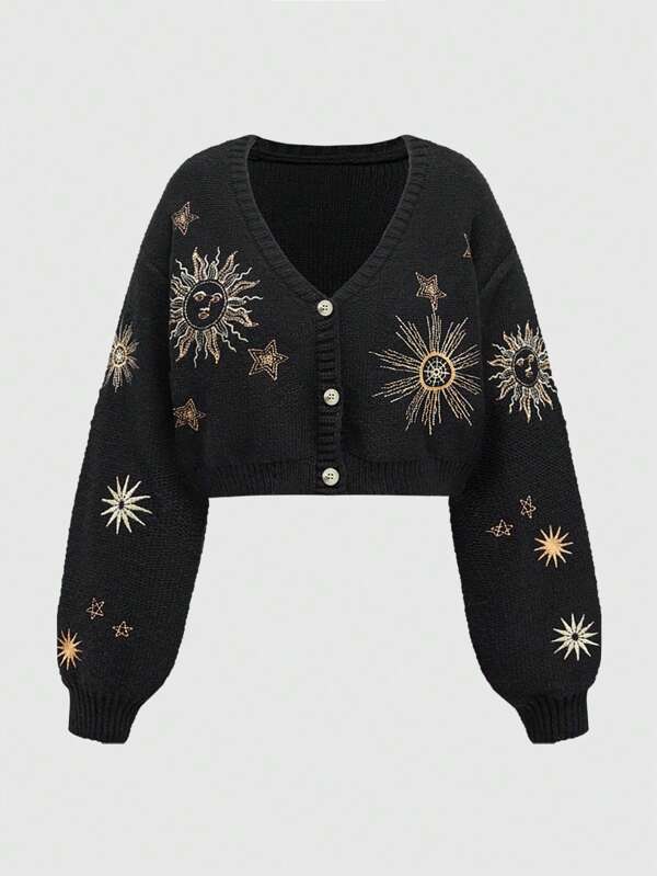 ROMWE Fairycore Damen mysteriöser Date Night Hexen-inspirierter Mond- und Stern-bestickter Strickjacke, Langarm Oberteile