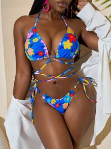 Slaydiva Conjunto de bikini sexy con estampado floral, adecuado para playa y vacaciones de verano