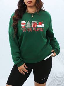SHEIN LUNE Plus Size Christmas Themed Print Crew Neck Long Sleeve Sweatshirt - Dark Green - View 1