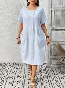 EMERY ROSE Plus Size Women Casual Striped Shift Dress, Suitable For Work And Commuting - Blue and White - View 7