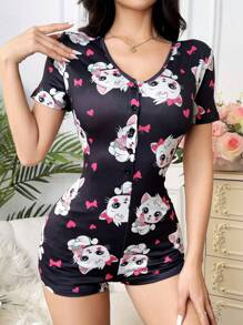 Women's Heart Cat Graphic Short Sleeve Button-Up Casual Pajama Jumpsuit