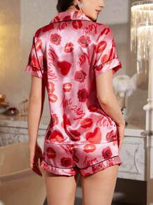 Lip Print Open Front Ladies Pajama Set - Multicolor - View 2