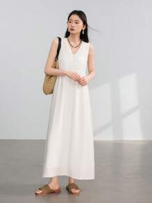 Dazy-Less Casual Business Waisted A-Line Button Decor V-Neck Solid Color Midi Dress For Women Old Money Style Sundress Linen - White - View 4