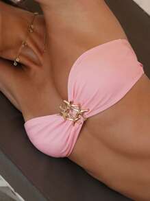 Swim Mod Cute Pink Bandeau Swimwear Top With Starfish Accent For Beachwear For Summer Beach Vacation - Pink - View 3