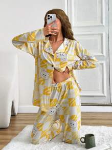 RueChic Cotton Women 2 Pcs Contrast Colour Button Front Detail Cute Bear&Plaid Pattern Homewear PJ Set - Yellow - View 5