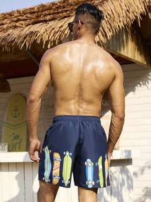 Manfinity Swimmode Men's Skateboard Print Drawstring Waist Beach Shorts Men Swim Trunks