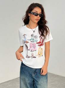 SHEIN PETITE 复古靴子西部靴休闲圆领短袖女士T恤适合夏季 - 白色 - 查看 3