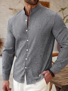 ResortEase Plus Size Men Casual Minimalist Shirt, Suitable For Everyday Wear - Grey - View 6