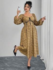 Modelyn Plus Size Jednolity Kolor Patchwork Kołnierzyk Serduszko Długi Rękaw Sukienka Codzienna