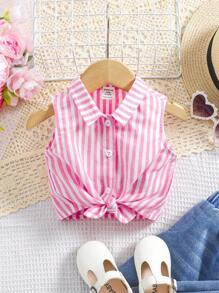 SHEIN 女婴可爱条纹扭纹无袖上衣，夏季百搭 - 粉色 - 查看 9