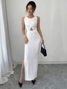 Elenzga Robe longue sans manches texturée et sexy avec fente latérale, printemps/été