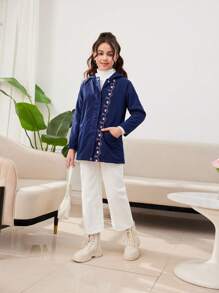 SHEIN Giacca con cappuccio a maniche lunghe con stampa semplice per ragazze pre-adolescenti