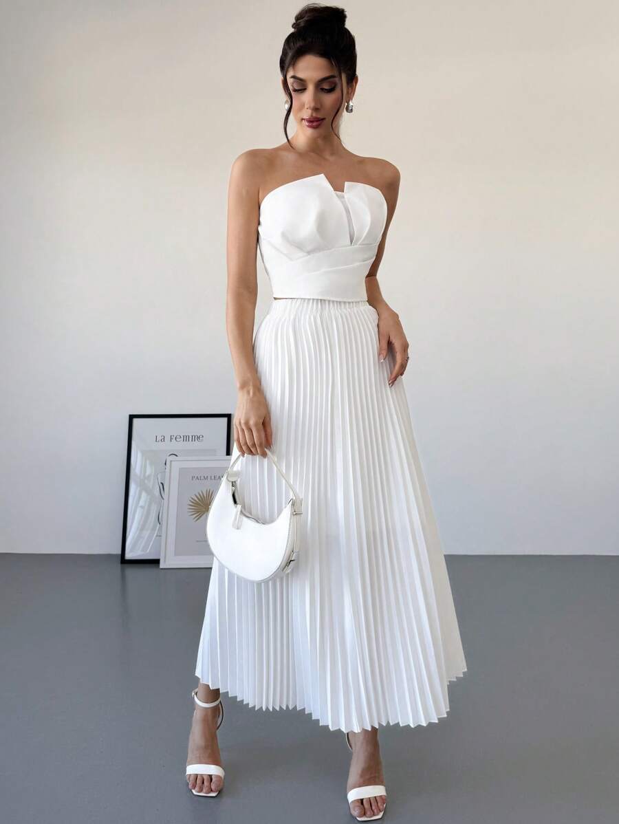 SHEIN Privé 全新情人节优雅浪漫白色不对称褶皱腰高腰百褶裙和短款上衣套装