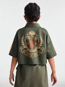 Coolane Kids Tween Girls Spring/Summer Streetwear Ricing Back To School Festival Sport Graphics Crop Loose Army Green Shirts,Parent-Child Clothing - Army Green - View 2