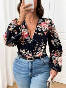 Rometta Plus Size Women V-Neck Criss-Cross Long Sleeve Bodysuit Fall Cloth For Women