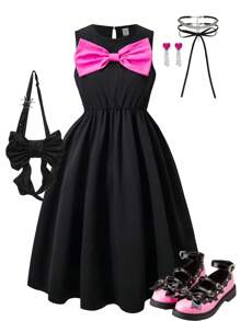 SHEIN Explorewe Tween Girl Colorblock Bow Decor Sleeveless Dress Bow Dresses Bow Clothes Girls