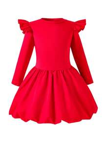 Vestito casual a maniche lunghe con collo tondo e pieghe per ragazze giovani