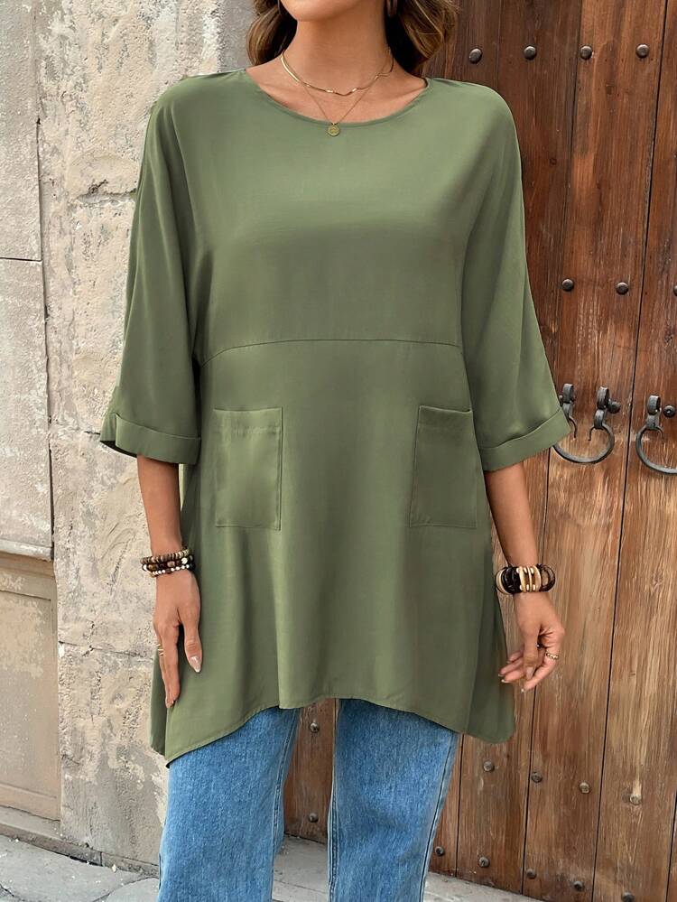 Women's Plain Crew Neck Batwing Sleeve Loose Pocket Casual Shirt