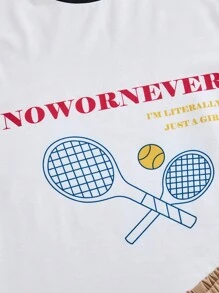 SHEIN Explorewe 2pcs/Set Girls Vintage-Style Tennis Racket Print Loose Casual Round Neck T-Shirt + Solid Color Shorts Sports Set, Suitable For Spring/Summer Daily Wear & Sports - White - View 4