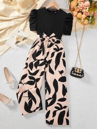 SHEIN Teen Girls Casual Elegant Monochrome Printed Splice Short Sleeve Wide Leg Jumpsuit