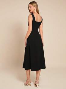 SHEIN Clasi 女士优雅铆钉方领黑色 A 字中长连衣裙，合身廓形，适合日常穿着、派对和情人节 - 黑色 - 查看 3