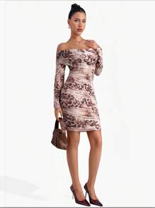 SHEIN Clasi Off-The-Shoulder Leopard Print Ruched Fitted Dress,Valentine's Day Dress