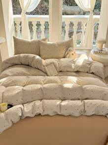 3 pièces Ensemble de literie (1 housse de couette, 2 taies d'oreiller, sans rembourrage) en polyester épais avec imprimé floral frais, lavable en machine, pour dortoir de garçon/fille