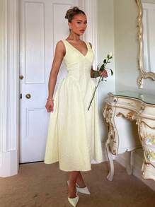 Glamine Glamine Early Spring Nieuwe Stijl, Gele Jacquardstof met Textuur, Geschikt voor Dagelijkse Vrije Tijd en Vakantie, Elegante Dating, Elegant en Royaal, V-hals Taille, Met Stof Beklede Knoopversiering, Puffy Dames Midi-jurk. Geschikt voor Valentijnsdag, Vakantie, Dagelijkse Dating, Feesten en Bruiloften. Citroenjurk Lichtgele Jurk Elegante Zomerjurk Lente Midi-jurk