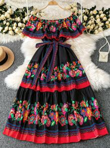 SHEIN LUNE 大码女式节日印花露肩长连衣裙