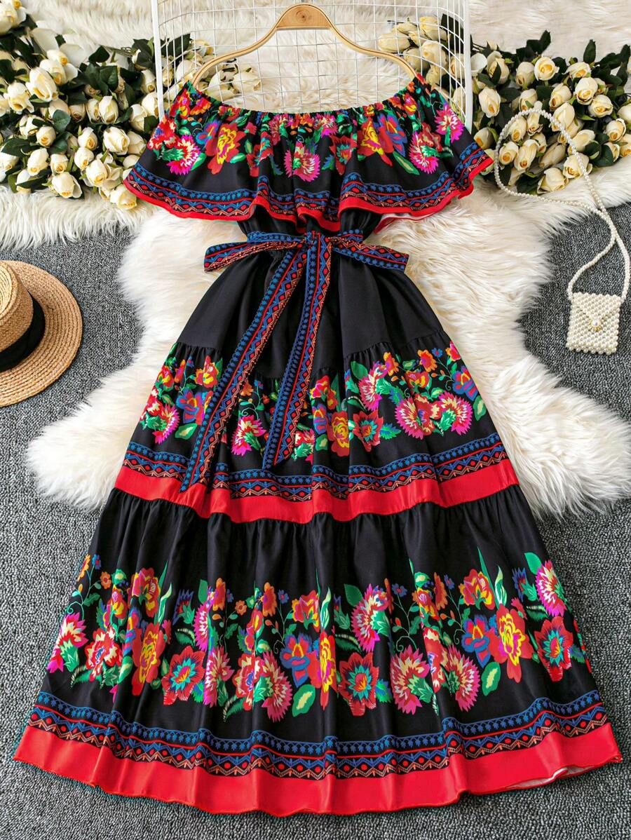 SHEIN LUNE 大码女式节日印花露肩长连衣裙