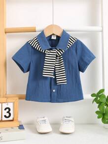 SHEIN Baby Boy 2pcs Set: Short Sleeve Top And Striped Cape - Blue - View 3