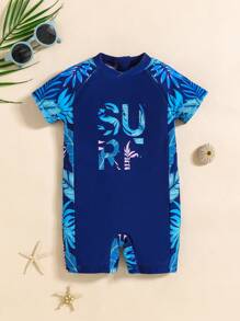 SHEIN 2 件装男婴/女婴字母印花休闲可爱短袖连体衣和短裤泳衣套装，适合春夏季日常、度假、海滩、泳池派对 - 藍色 - 查看 10
