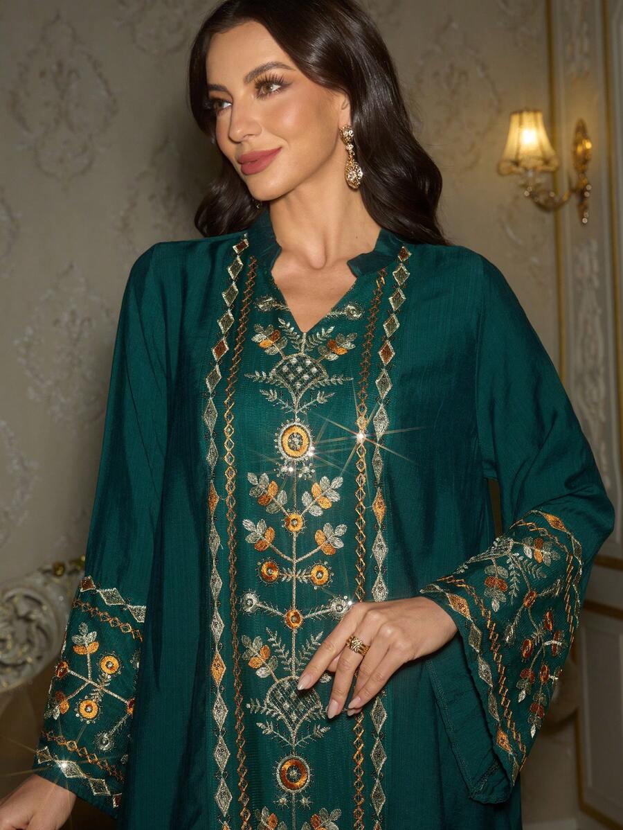 Al Najma Premium Mesh Floral Embroidery Panel Elegant Solid Color Dress For Women, Kaftan & Jalabiya, Luxury Evening Dresses For Women,Modest - Dark Green - View 1