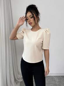 Selianne 女士圆领短款泡泡袖衬衫，背面饰有蝴蝶结 - 杏色 - 查看 3