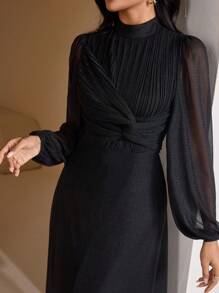 Veilorie Vestido elegante de estilo árabe modestos para mujer, de unicolor, con cuello de pie y cintura torcida - Negro - Ver 4