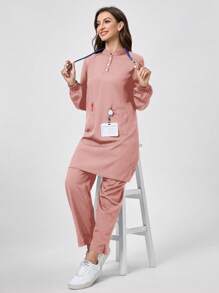 TaskEZ Solid Color Long Sleeve & Long Pants Scrub Uniform Set - Dusty Pink - View 5