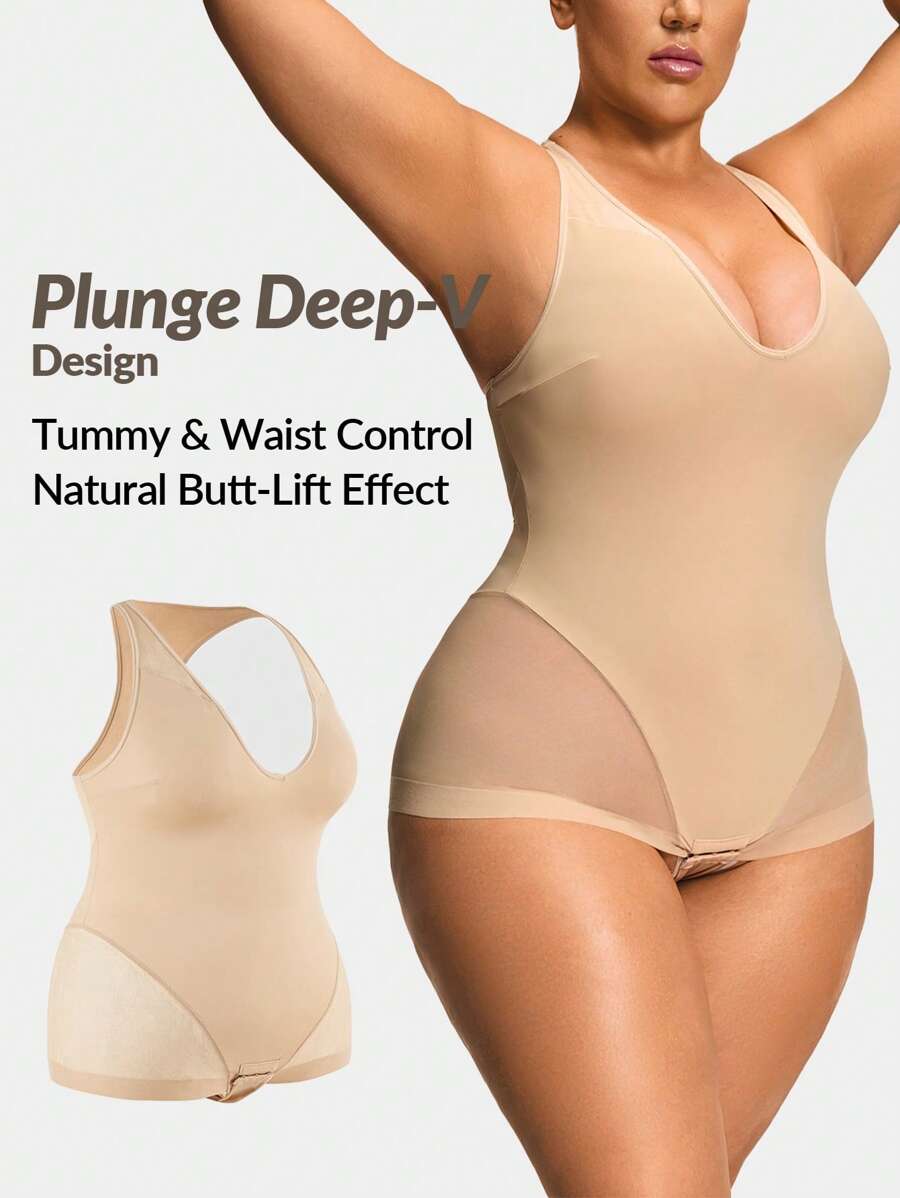 SHAPORA Plus Size Shaping Plunge Deep-V Shapewear Brief Bodysuit Body Shaper Butt Lifter -Tummy Waist Thigh Control - Apricot - View 1