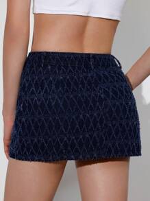 Navy Blue Denim Argyle Geometric Cut-Out Special Fabric Low Waist Streetwear Punk Y2K Super Skirt - Medium Wash - View 2