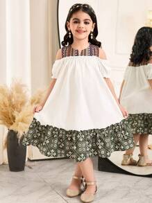SHEIN Young Girl's Woven Patchwork Color Block Puff Sleeve Cutout Shoulder Dress - White - View 6