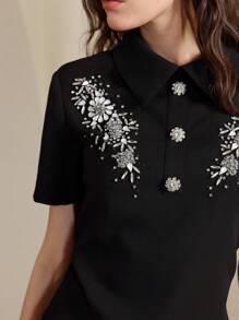 Anewsta Heavy Pearl Embellished Asymmetrical Hem Ruffle Polo Collar Dress For Women, Spring/Summer, Old Money - Black - View 5