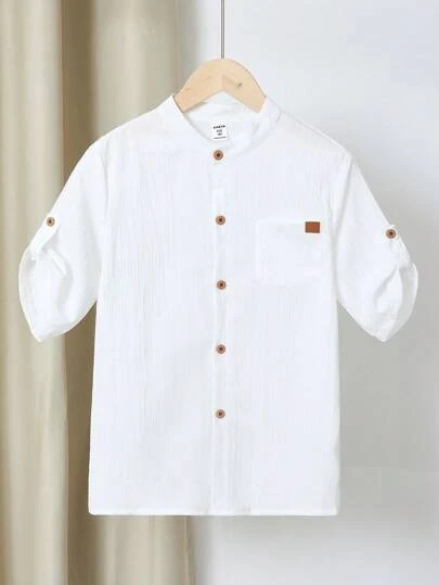 Holiday,Summer,Travel  Tween Boys' White Short Sleeve Small Stand Collar Wave Textured Shirt, Khaki Faux Wood Grain Buttons, Front Chest Pocket, Simple Decoration, Comfortable & Casual, Suitable For School, Travel, Home, Vacation, Loose Fit, Suitable For Spring, Summer, Autumn