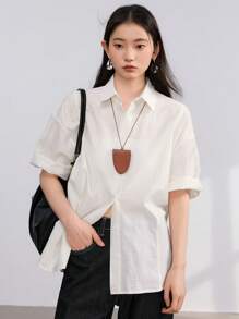 Dazy-Less 女士简约扭纹纽扣宽松休闲短袖衬衫商务休闲女装 - 白色 - 查看 2