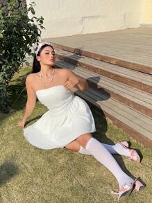 Sunnyshic Plus Size Women White Romantic & Elegant Bandeau Dress, Vacation - White - View 6
