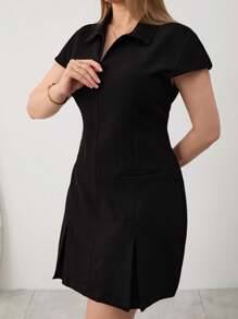 RueChic Short Plus Dress With Zipper And Pocket Details - Black - View 4