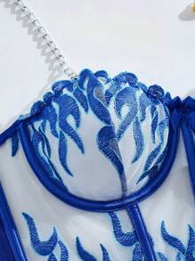 Set de 2 piezas de lencería femenina de malla bordada (con aro y tanga) - Azul - Ver 8