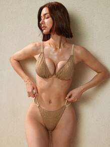 SHEIN Swim Springbreak 新款女式纹理比基尼两件套，卡其色和杏色拼色，配有可调节肩带上衣和系带下装，适合游泳池、海滩、度假，适合所有年龄段的简约基本款设计 - 咖啡棕 - 查看 7