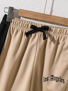 SHEIN Bộ 2 món/Bộ áo thun tay ngắn và quần short màu tương phản thường ngày cho bé trai tuổi teen, trang phục thể thao in chữ thích hợp để đi làm, đi học, cuộc sống hàng ngày, chơi thể thao vào mùa xuân và mùa hè - Màu Khaki - Xem 5