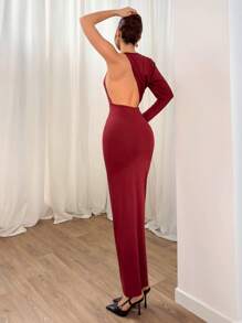 Aloruh Vestido rojo largo, recto y ajustado con mangas extra largas, asimétrico y con espalda descubierta, para mujer en primavera y verano, de estilo de vanguardia y sexy para vacaciones